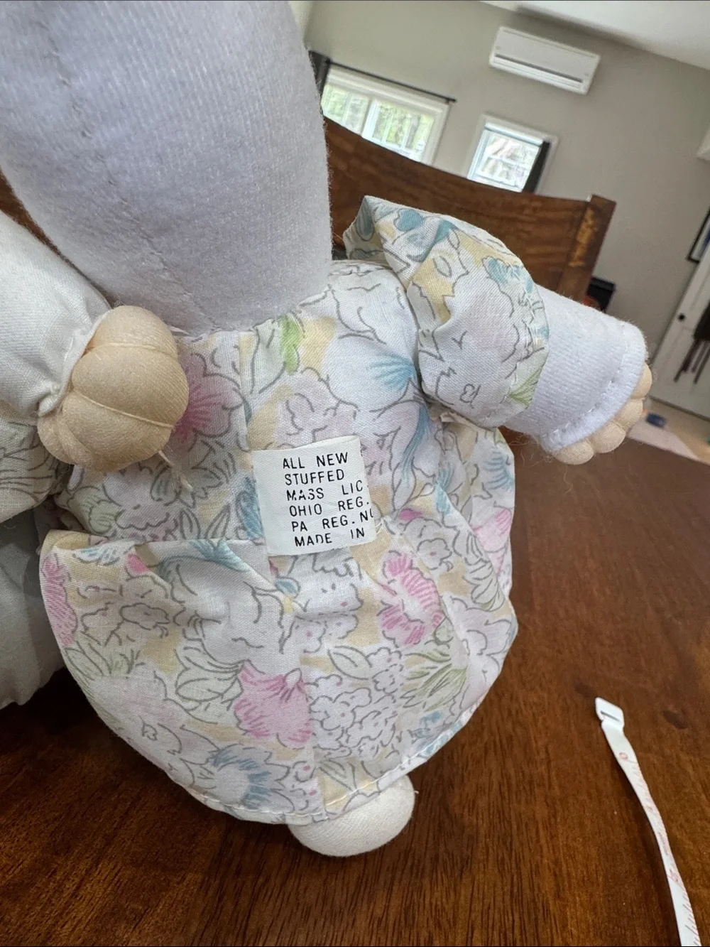 Vintage Pair of Plush Bunny Dolls in Pastel Floral Dress & Light Blue Overalls